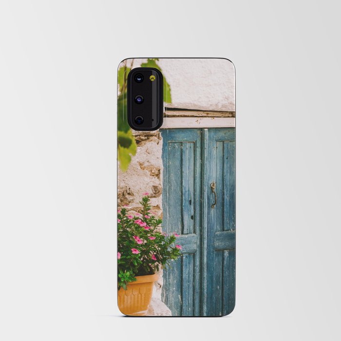 Greek Holiday Scene - Blue Door with Pink Flowers - Still Live Travel Photography, Colorful Fine Art Android Card Case