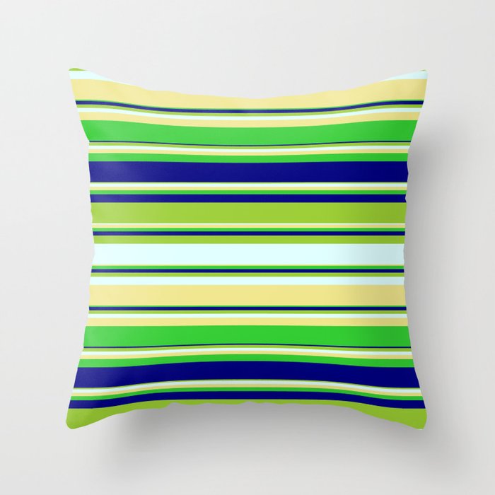 Vibrant Green, Light Cyan, Tan, Lime Green & Blue Colored Stripes/Lines Pattern Throw Pillow