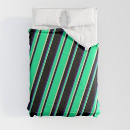 [ Thumbnail: Green, Tan, Black, and Indigo Colored Lines/Stripes Pattern Comforter ]
