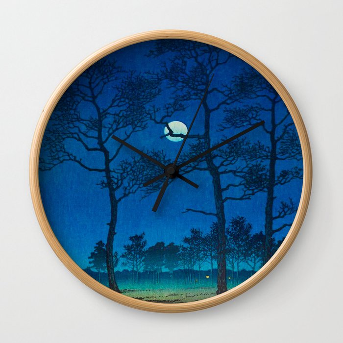 Vintage Japanese Woodblock Print Three Tall Trees At Night Forest Field Landscape Wall Clock