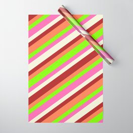 [ Thumbnail: Chartreuse, Hot Pink, Beige, Red & Coral Colored Pattern of Stripes Wrapping Paper ]