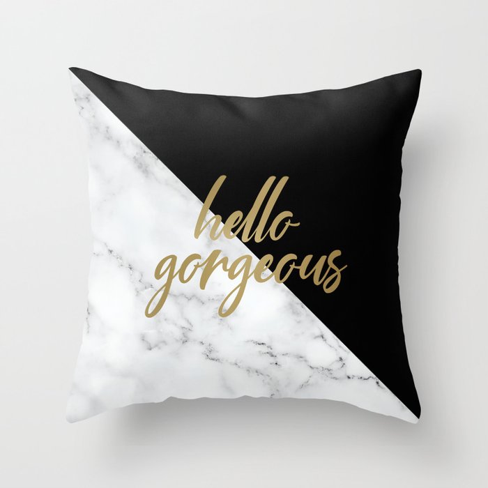 Hello Gorgeous Meme Marble and Black Throw Pillow by Megan