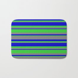 [ Thumbnail: Blue, Lime Green & Gray Colored Lined/Striped Pattern Bath Mat ]
