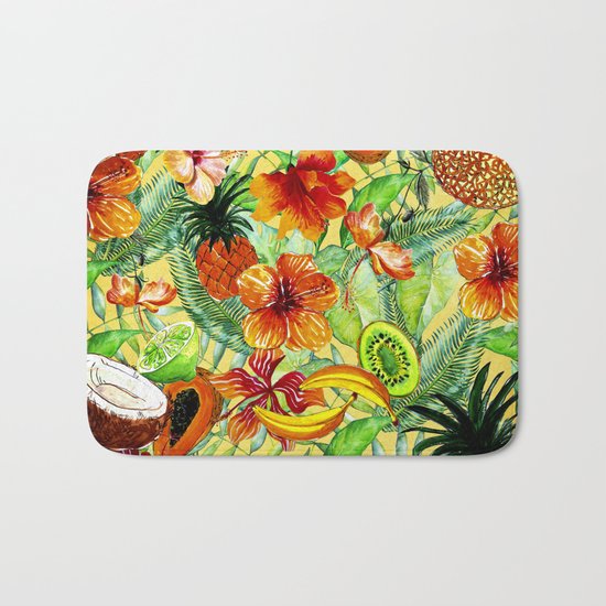 My tropical Summer Hibiscus and Fruits Garden- Jungle Pattern on #Society6 Bath Mat