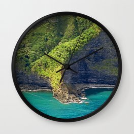 Tropical Island Lush Cliffside Ocean Cove In Teal Emerald Wall Clock