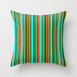 [ Thumbnail: Red, Cyan, and Dark Green Colored Lined/Striped Pattern Throw Pillow ]