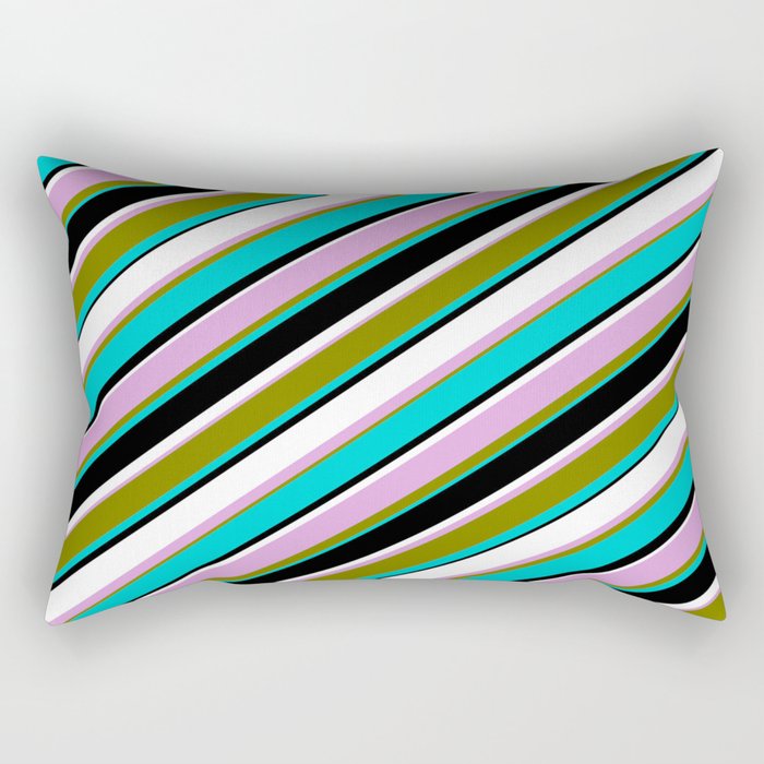 Colorful Plum, Green, Dark Turquoise, Black, and White Colored Lined/Striped Pattern Rectangular Pillow
