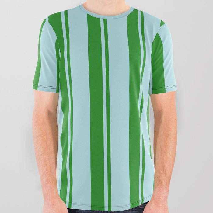 Forest Green and Powder Blue Colored Pattern of Stripes All Over Graphic Tee
