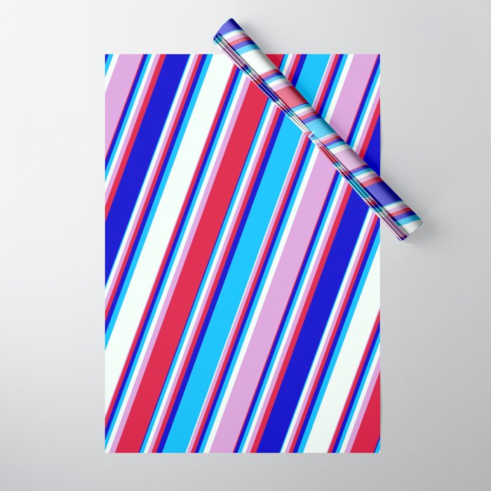 Colorful Plum, Crimson, Blue, Deep Sky Blue, and Mint Cream Colored Lined/Striped Pattern Wrapping Paper