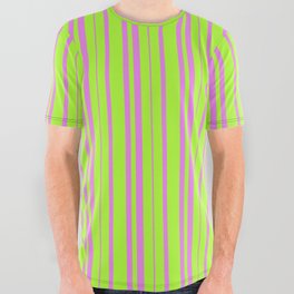 [ Thumbnail: Light Green & Violet Colored Pattern of Stripes All Over Graphic Tee ]