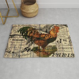 vintage typography barn wood shabby french country poulet chicken rooster Area & Throw Rug