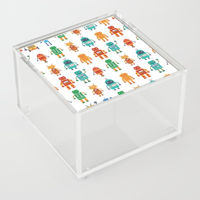 Seamless pattern from colorful retro robots in a flat style on a white background. Vintage illustration.  Acrylic Box