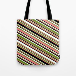 [ Thumbnail: Green, Light Coral, Black & White Colored Lined/Striped Pattern Tote Bag ]