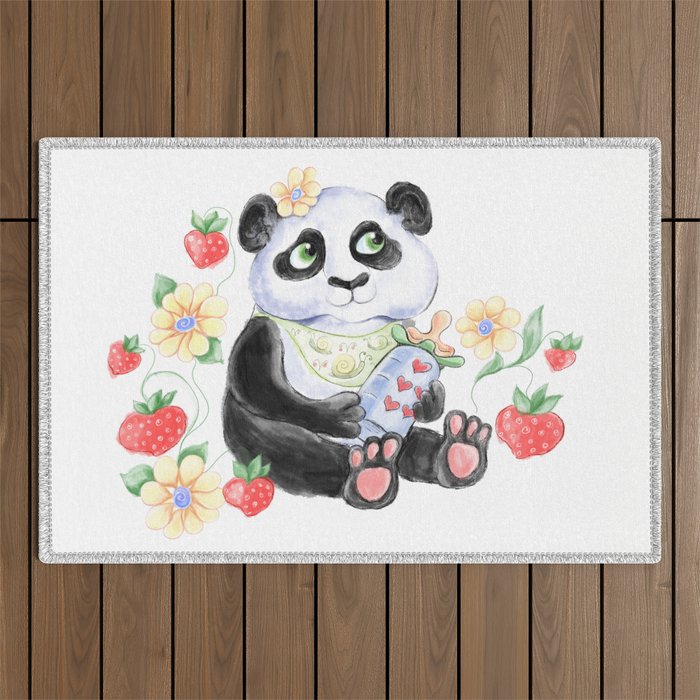 Baby Panda with strawberryes, Girl Baby shower  Outdoor Rug