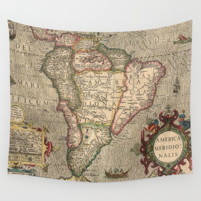 Vintage Map of South America (1606) Wall Tapestry by BravuraMedia 