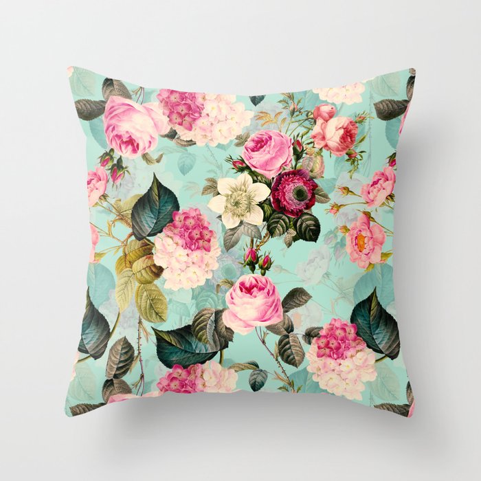Vintage & Shabby Chic - Summer Teal Roses Flower Garden Throw Pillow