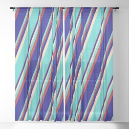 [ Thumbnail: Tan, Turquoise, Red & Blue Colored Lined Pattern Sheer Curtain ]
