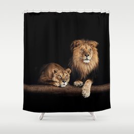 Portrait of Lion Family on dark background - vintage nature photo Shower Curtain
