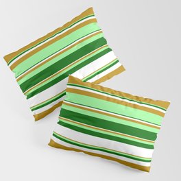 [ Thumbnail: Dark Goldenrod, Green, Dark Green, and White Colored Stripes Pattern Pillow Sham ]