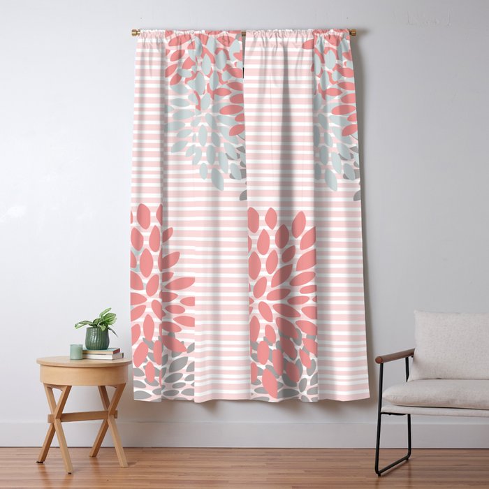 Floral Prints And Colorful Stripes Coral And Gray Colour Prints Blackout Curtain By Megan Morris Society6