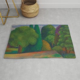 Landscape row of maples, purple jacaranda , and evergreen trees garden painting by Mark Gertler Rug