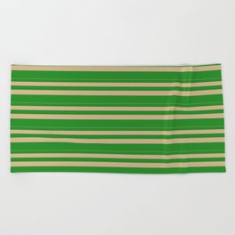 [ Thumbnail: Tan & Forest Green Colored Lines Pattern Beach Towel ]