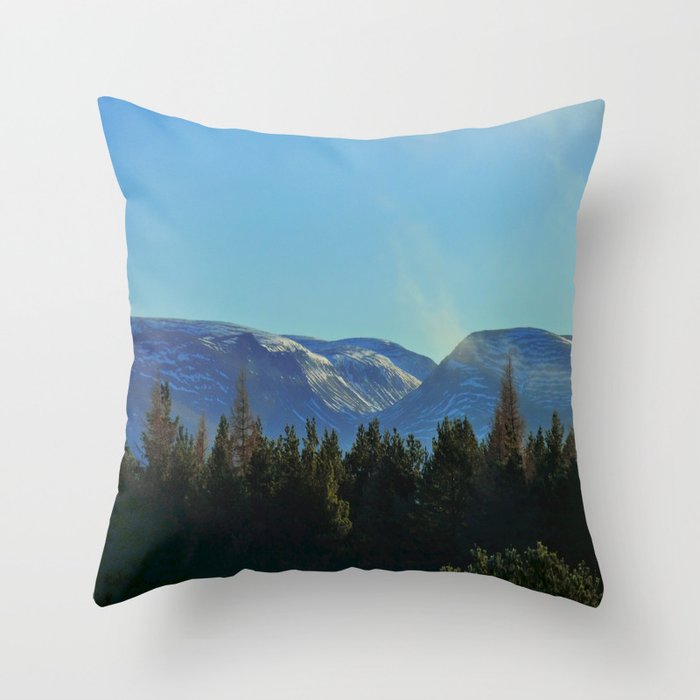 Scottish Pine Forest's Winter Cairngorm Mountain Range View in Expressive Throw Pillow