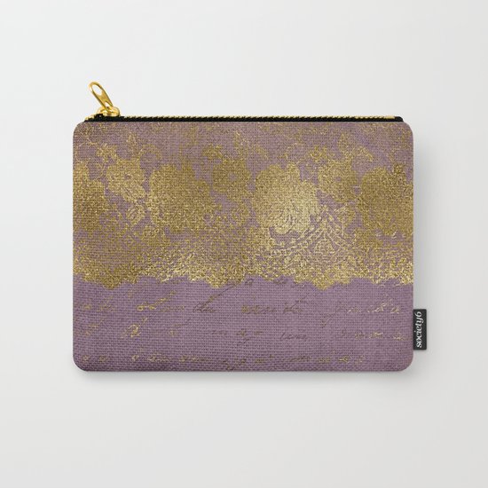 Romantic Bridal lace - Gold floral elegant lace on old purple paper Carry-All Pouch