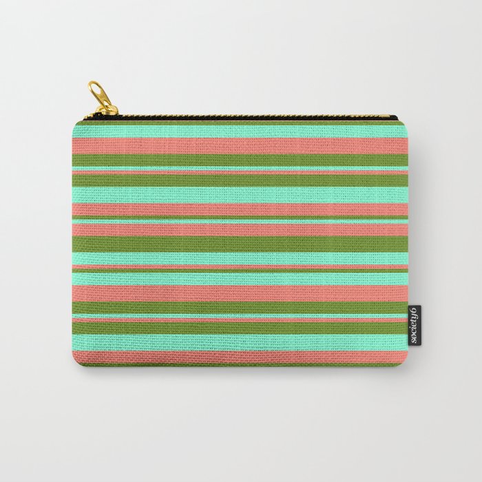 Salmon, Green & Aquamarine Colored Stripes/Lines Pattern Carry-All Pouch