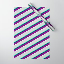 [ Thumbnail: Vibrant Light Gray, Green, Midnight Blue, Purple & Light Cyan Colored Striped/Lined Pattern Wrapping Paper ]