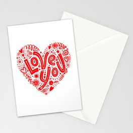Hand drawn illustration with hand lettering love you heart shaped by julia gosteva Stationery Cards