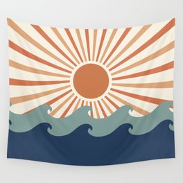 Retro, Sun and Wave Art, Blue and Orange Wall Tapestry