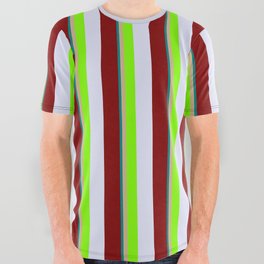 [ Thumbnail: Vibrant Teal, Tan, Chartreuse, Lavender & Maroon Colored Striped/Lined Pattern All Over Graphic Tee ]