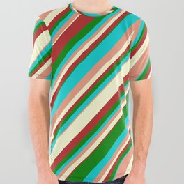 [ Thumbnail: Eyecatching Dark Turquoise, Dark Salmon, Light Yellow, Red & Green Colored Stripes Pattern All Over Graphic Tee ]