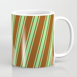 [ Thumbnail: Brown & Light Green Colored Striped/Lined Pattern Coffee Mug ]