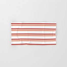 [ Thumbnail: Dark Salmon, White, and Red Colored Pattern of Stripes Hand & Bath Towel ]