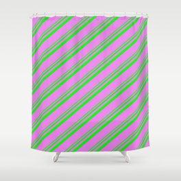 [ Thumbnail: Lime and Violet Colored Striped Pattern Shower Curtain ]