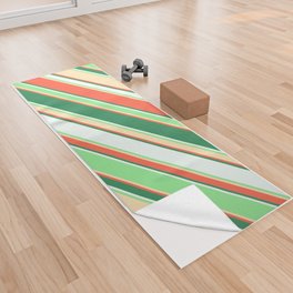 [ Thumbnail: Colorful Red, Sea Green, Mint Cream, Light Green & Beige Colored Lined/Striped Pattern Yoga Towel ]