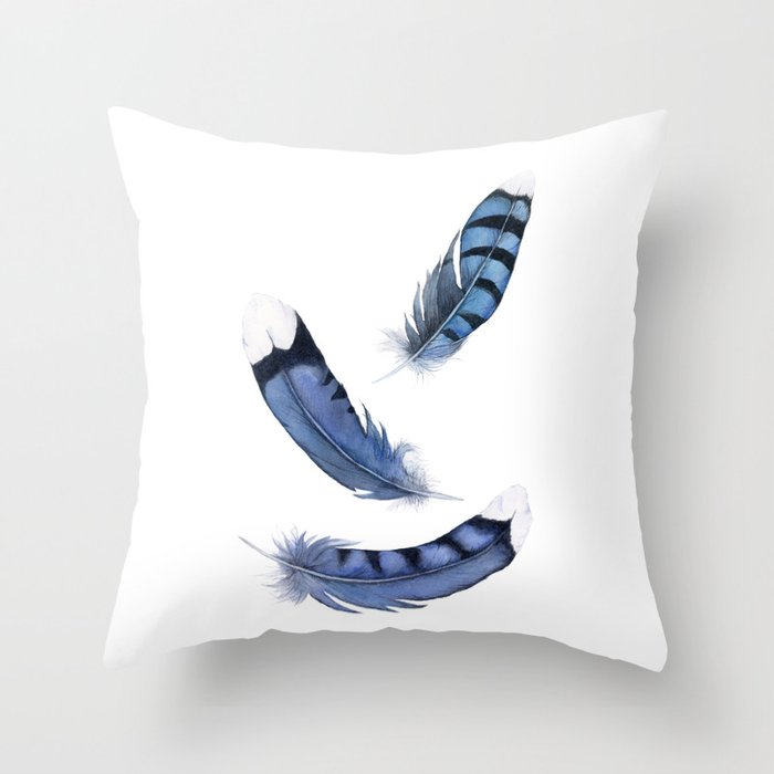 Falling Feather, Blue Jay Feather, Blue Feather watercolor painting by Suisai Genki Throw Pillow