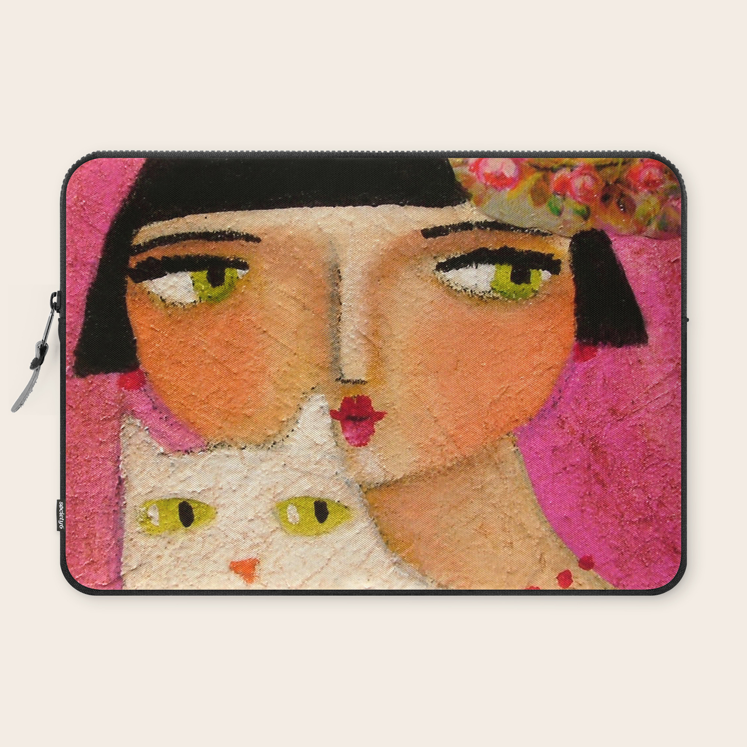 White Cat And Flapper Girl Pretty Painting By Tascha Laptop Sleeve