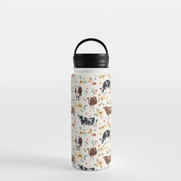 Cows with Pink and Yellow Flowers on Cream, Cow Illustration, Floral Water Bottle