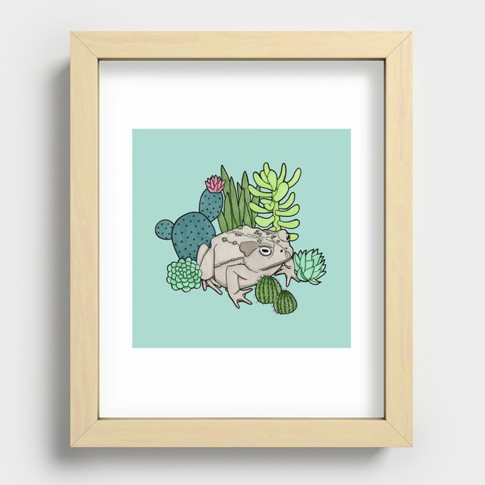 Toad with Succulents - Turquoise Recessed Framed Print