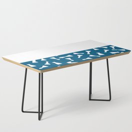 White Chess Pieces on Blue and White Horizontal Split Coffee Table