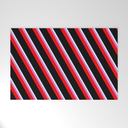 [ Thumbnail: Eyecatching Blue, Beige, Orchid, Red & Black Colored Lines/Stripes Pattern Welcome Mat ]