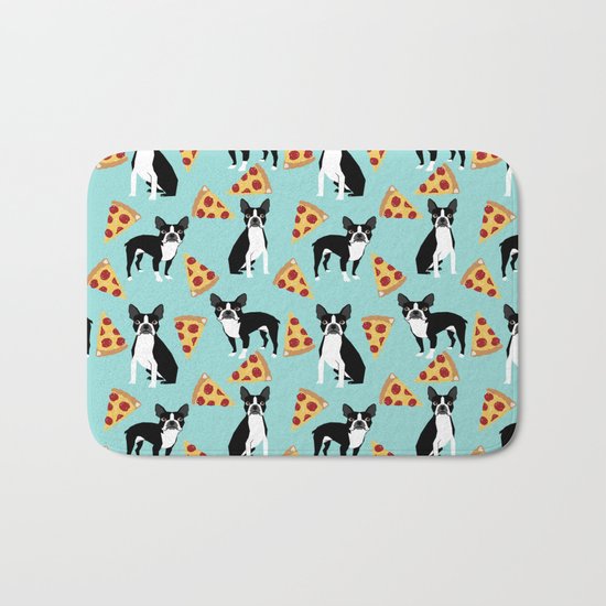 Boston Terrier pizza party cute pet portraits junk food pizza slices with boston terrier pattern Bath Mat
