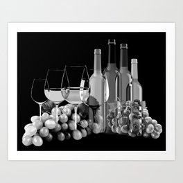 Black and White Graphic Art Composition Of Grapes, Wine Glasses, and Bottles Art Print