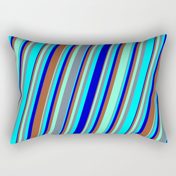 Colorful Aquamarine, Slate Gray, Cyan, Blue & Sienna Colored Striped/Lined Pattern Rectangular Pillow