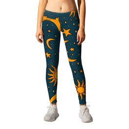 Vintage Sun and Star Print in Navy Leggings | Yellow, Night, Moon, Drawing, Sun, Sky, Celestial, Gold, Astrology, Pattern 