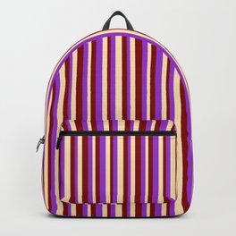 [ Thumbnail: Maroon, Dark Orchid, and Beige Colored Striped/Lined Pattern Backpack ]