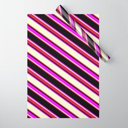 [ Thumbnail: Black, Fuchsia, Light Yellow & Crimson Colored Lined Pattern Wrapping Paper ]